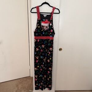 Black Cat Print Jumpsuit with Red Accents